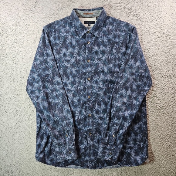 Ted Baker Shirt Men Size 5 Flip‎ Cuff Button Up Long Sleeve Leaf Print Blue Tone - Picture 4 of 12